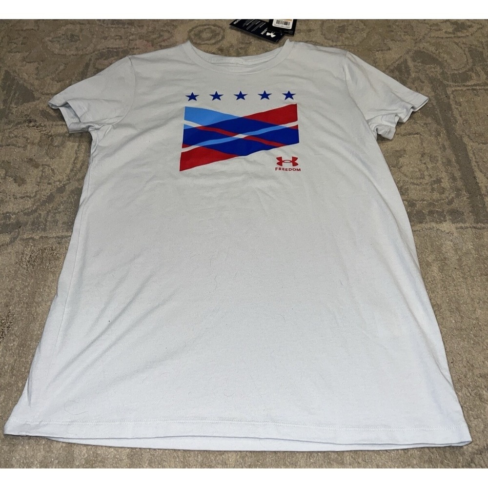 NEW Under Armour Freedom LOOSE‎ MFO USA White Red Blue Shirt Sz Small Women's